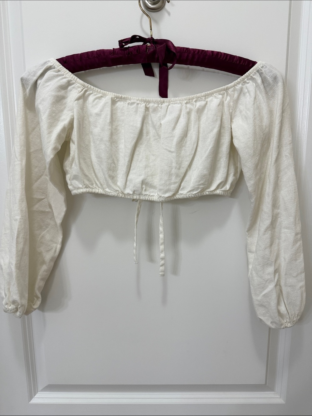 La Hearts Ivory Off-Shoulder Ruched Drawstring Crop Top - Picture 4 of 5